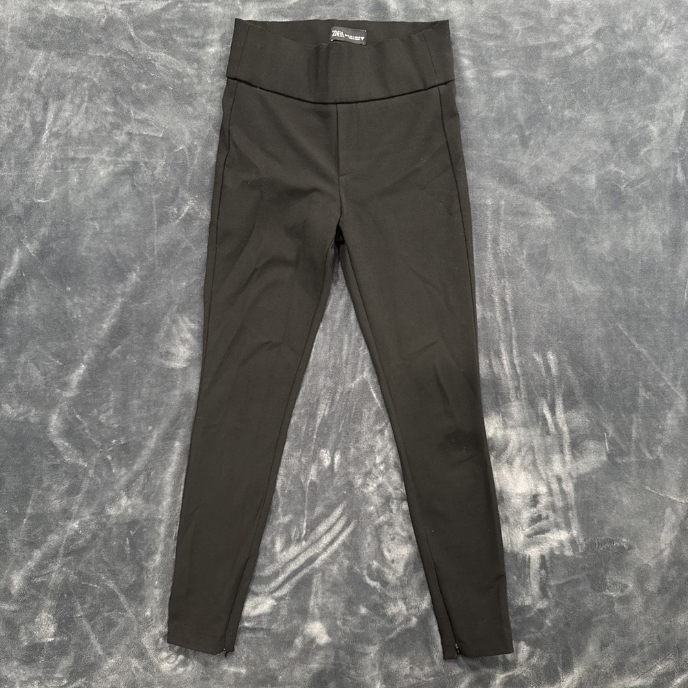 Zara Pull On Cotton Pants Women's SM Black Straight Stretch Elastic Waist